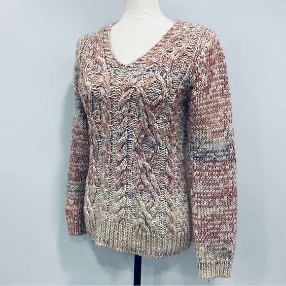 ELSAMANDA M Cream Pink Marled Alpaca Mohair Cable-Knit Warm Boho Sweater Italy - Picture 5 of 16